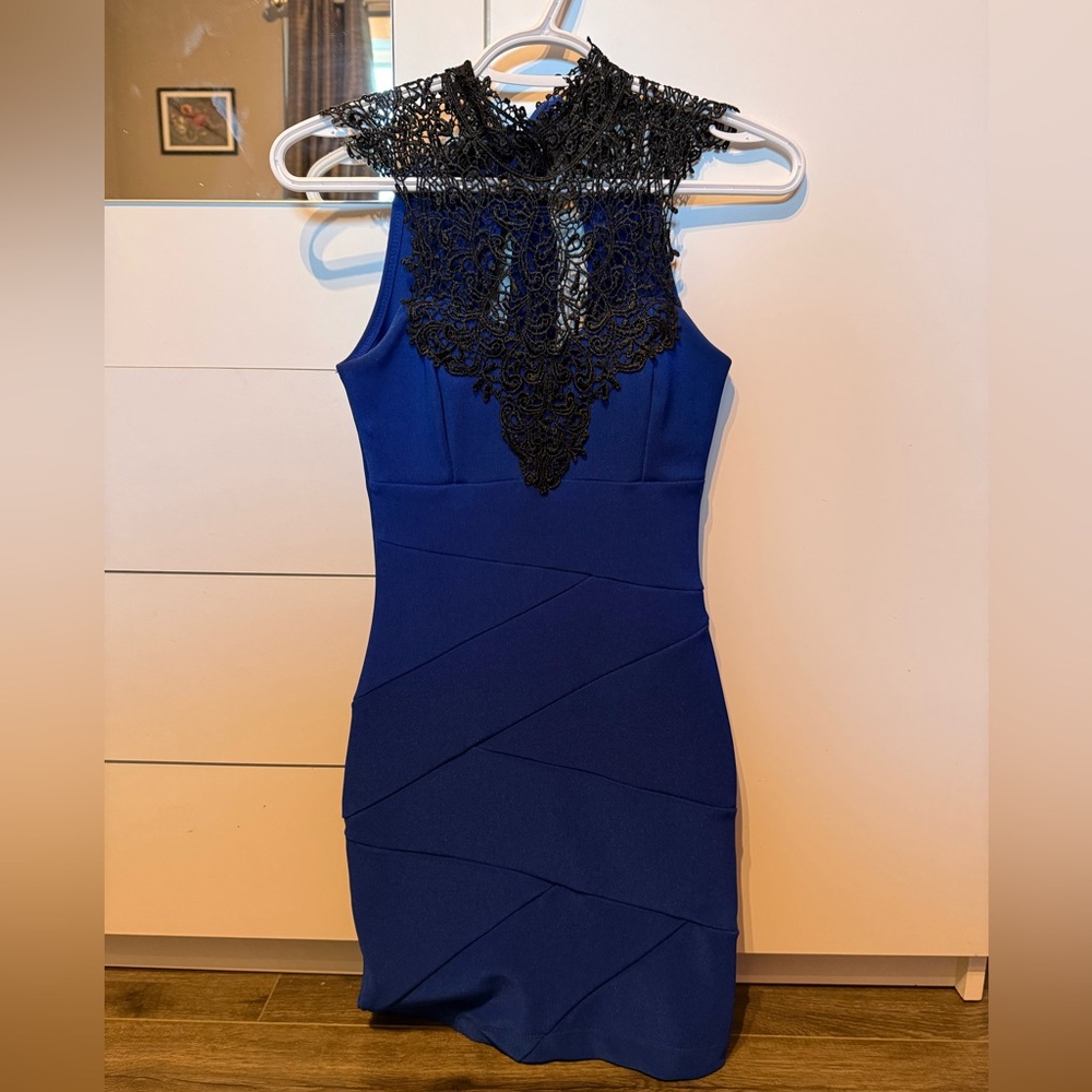 Le Chateau Royal Blue Bodycon Mini Dress with Black Lace